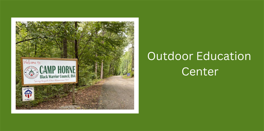 photo of camp Horne; text: Outdoor Education Center photo of camp Horne; text: Outdoor Education Center